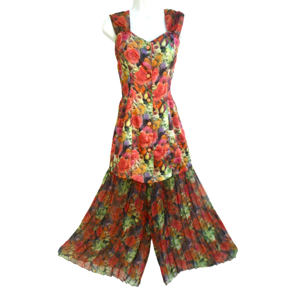 Vintage Knapp Studio Floral Dress & Sheer Plisse Palazzo Pant Set Rose Buttons